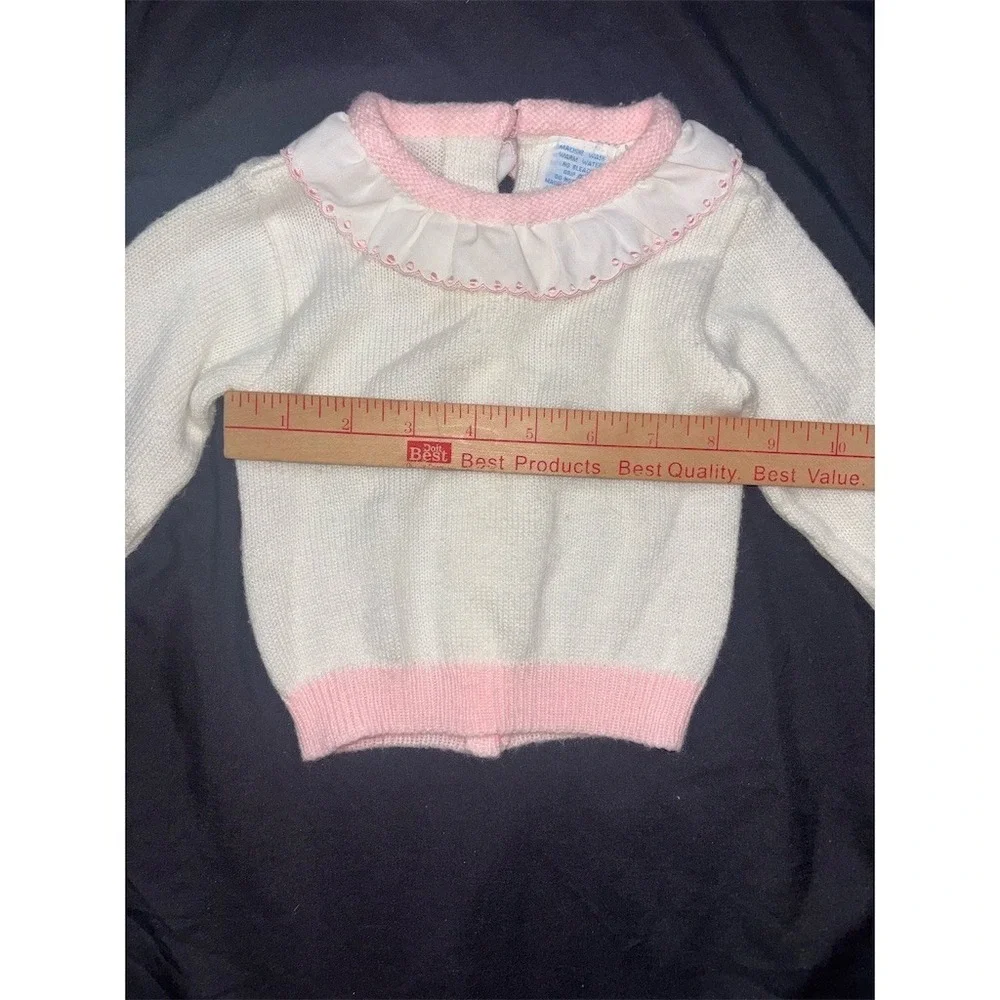 Newknit Baby Girl Cardigan Sweater White Pink Ruffle Collar Buttons 3-6M vintage